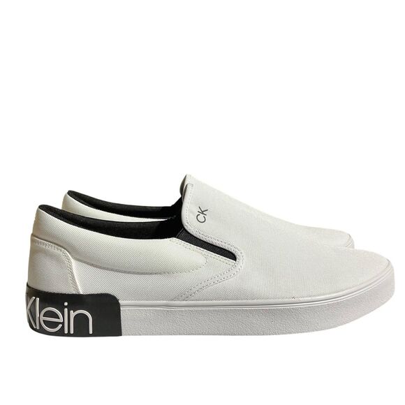 Calvin Klein Sneakers Mens 13 White Canvas Ryor Slip On Flat Spellout Preppy NEW - Picture 1 of 8